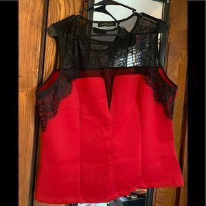 Red Sleeveless Top With Black Mesh and Lace Detail 3X